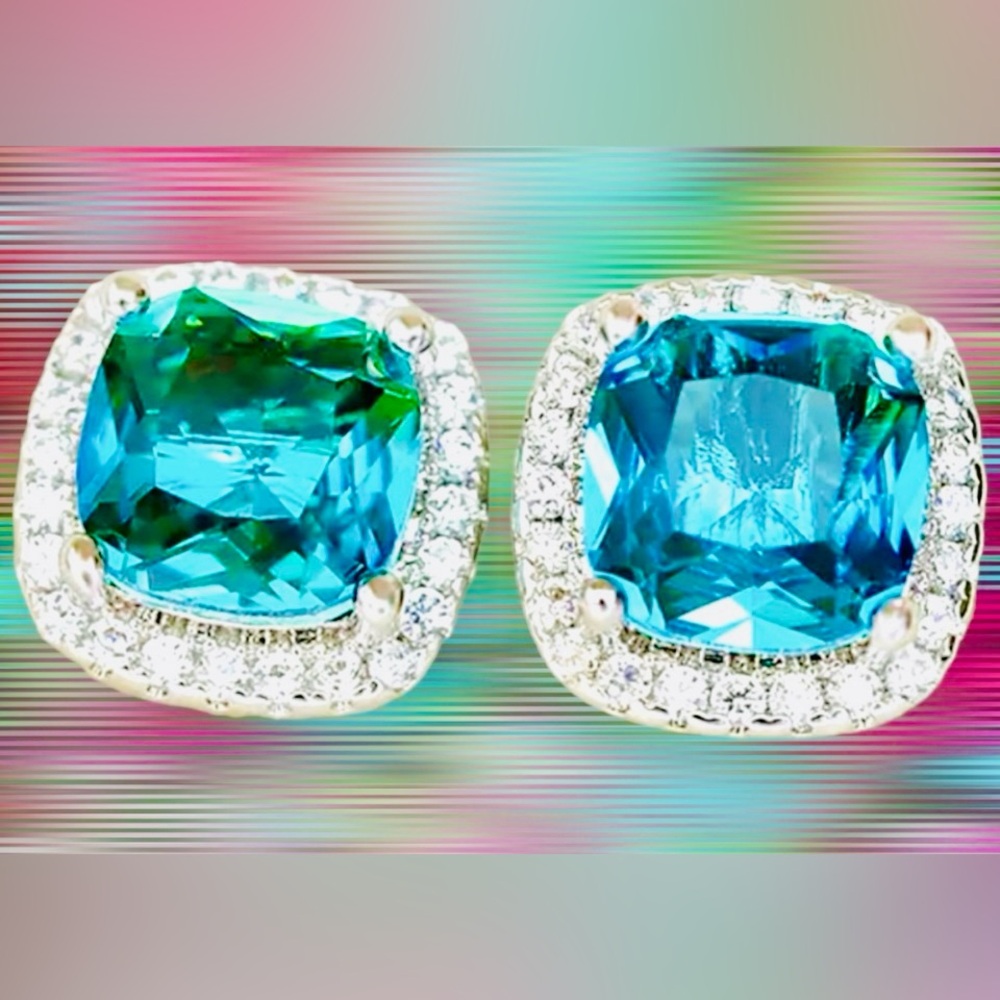 Blue Green Topaz 925 Sterling Cushion Stud Earrings CZ Halo - Picture 7 of 11
